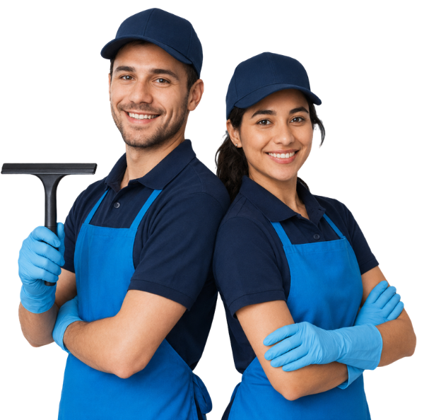 Freundliches Reinigungsteam in professioneller Arbeitskleidung für Gebäudereinigung und Objektpflege.