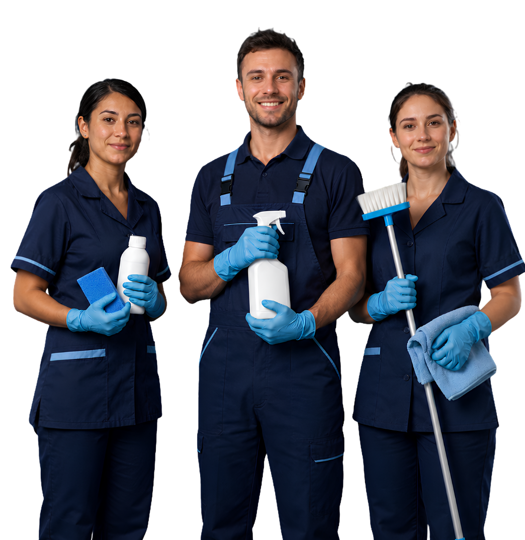 Professionelles Reinigungsteam in Arbeitskleidung für Gebäudereinigung, Unterhaltsreinigung und Umzugsreinigung.