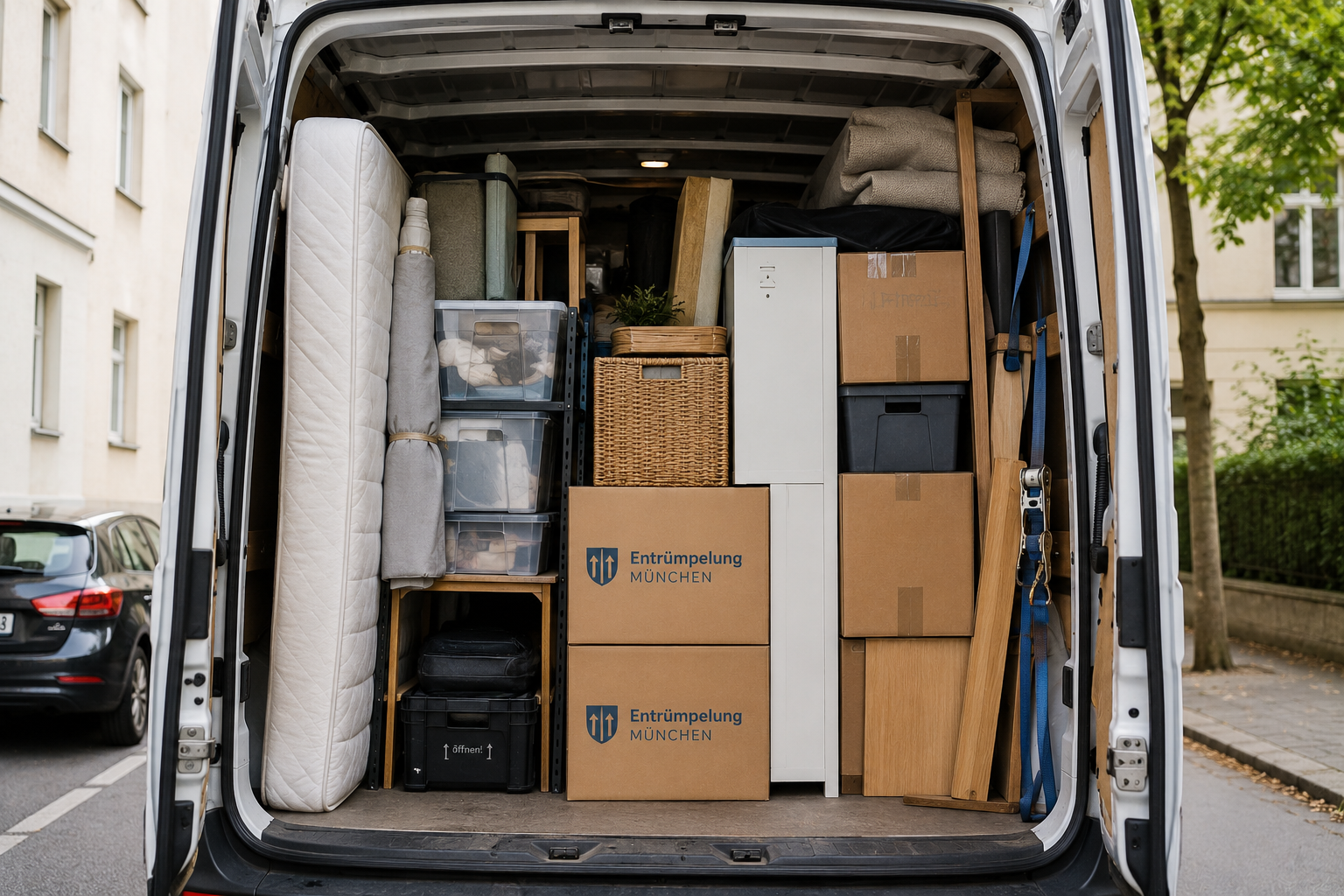 Professionell beladener Transporter mit Umzugskartons und Haushaltsgegenständen nach einer Entrümpelung.