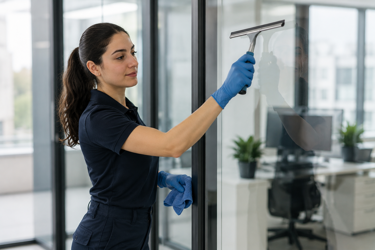 Professionelle Glasreinigung mit Fensterabzieher an einer großen Glasfläche im Büro.