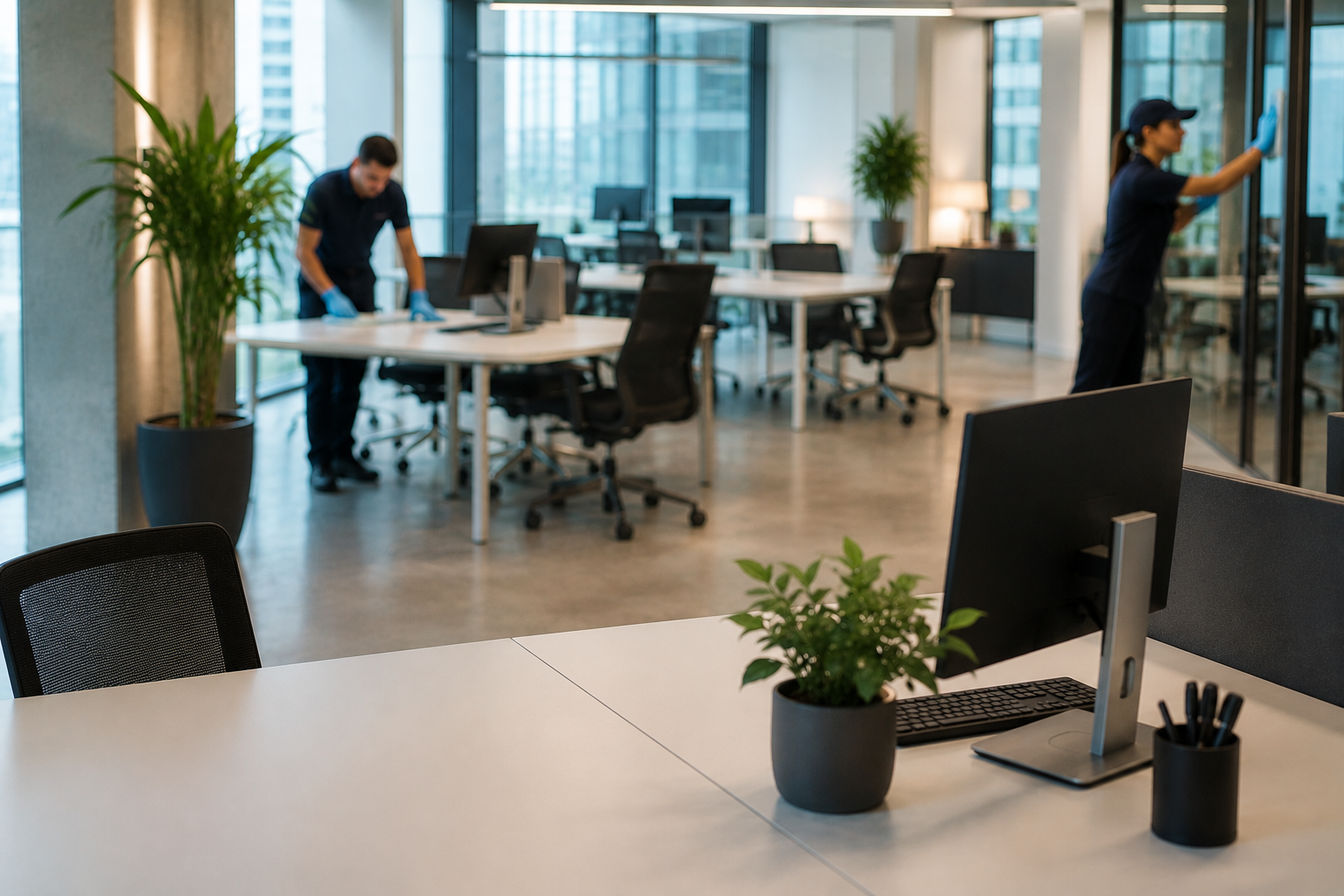 Gepflegter Bürobereich während der regelmäßigen Unterhaltsreinigung mit sauberen Arbeitsplätzen.