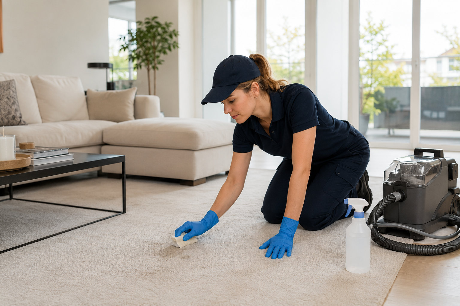 Reinigungsfachkraft behandelt einen hochwertigen Teppich sorgfältig in einem modernen Wohnzimmer.